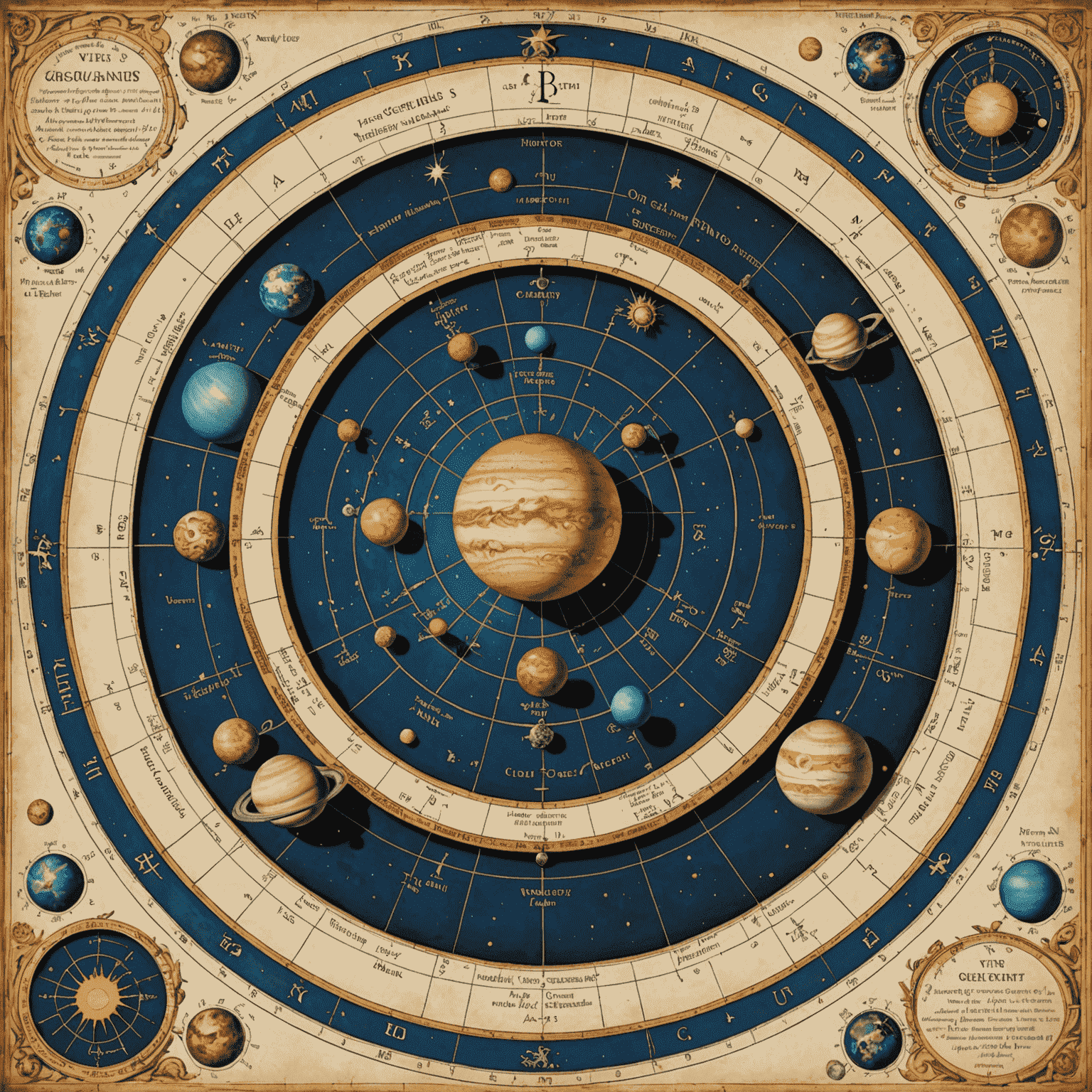 Komplexná astrologická schéma zobrazujúca planéty a ich dráhy. Retrográdne pohyby Merkúra, Venuše a Marsu sú zvýraznené.